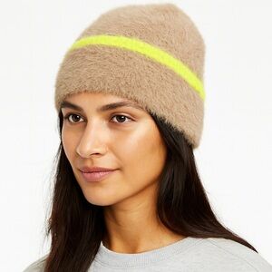 BCBGeneration Fuzzy Taupe Beanie with Neon Yellow Stripe – NWT